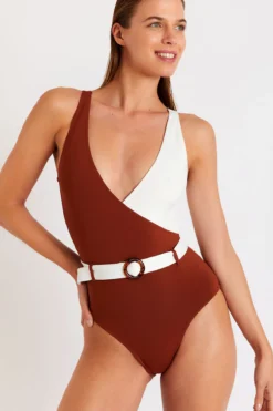 Maillot De Bain 1 Pièce Bi-couleur Marron Et Blanc MARIETA AUKANA