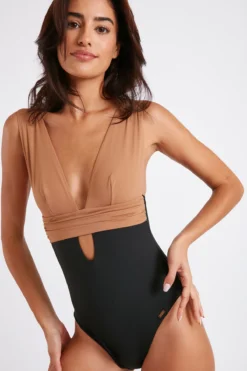 Maillot De Bain Une Pièce Noir Et Camel CAROLINA DUYA